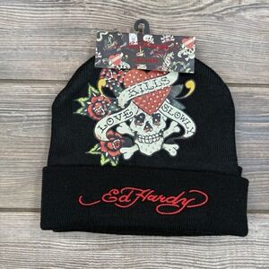 Ed Hardy 2-Pack Knit Beanie Hat Skull Love Kills Stretch Black Y2K One Size NEW